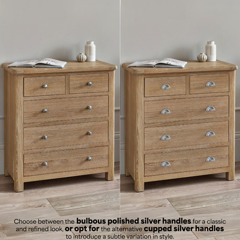Two wooden dressers with different handle styles on a neutral background