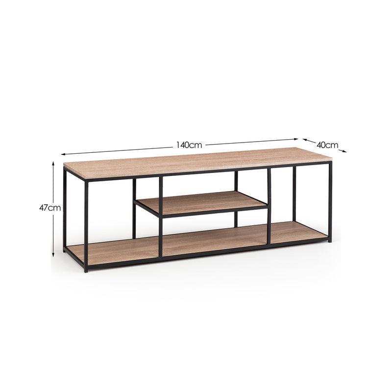 Wooden table with metal frame and dimensions on a white background