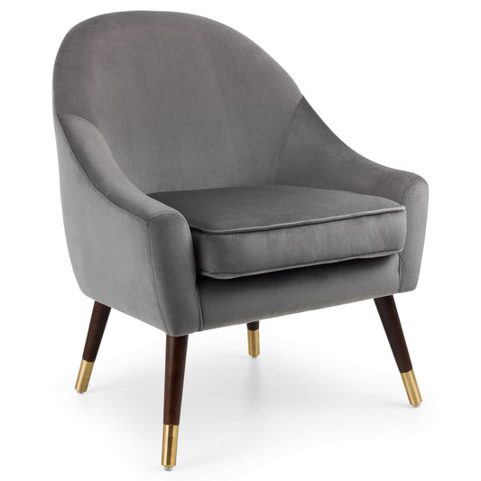 Gray upholstered chair with gold legs on a white background