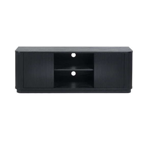 Black TV stand with open shelves on a white background