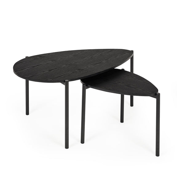 Set of two black nesting tables on a white background