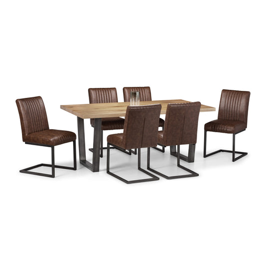 Dining table set with six brown chairs on a white background