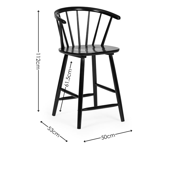 Black bar stool with dimensions on a white background