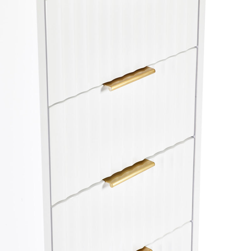 White shelving unit with gold brackets on a white background