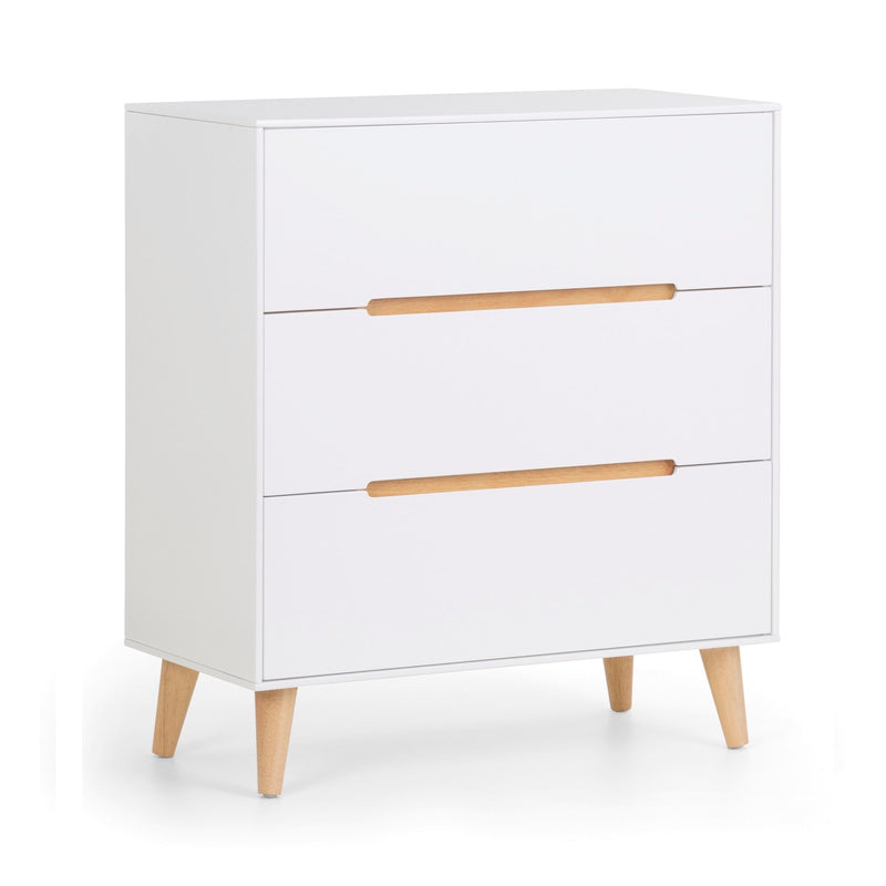 White dresser with two drawers and wooden handles on a white background
