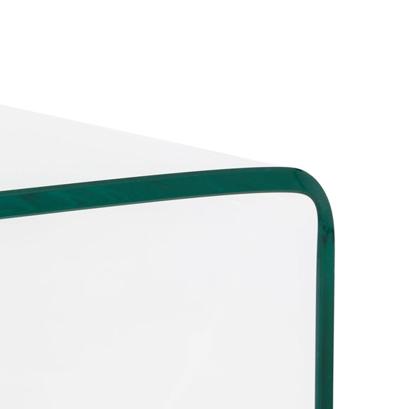 Clear glass table with a green metal frame on a white background