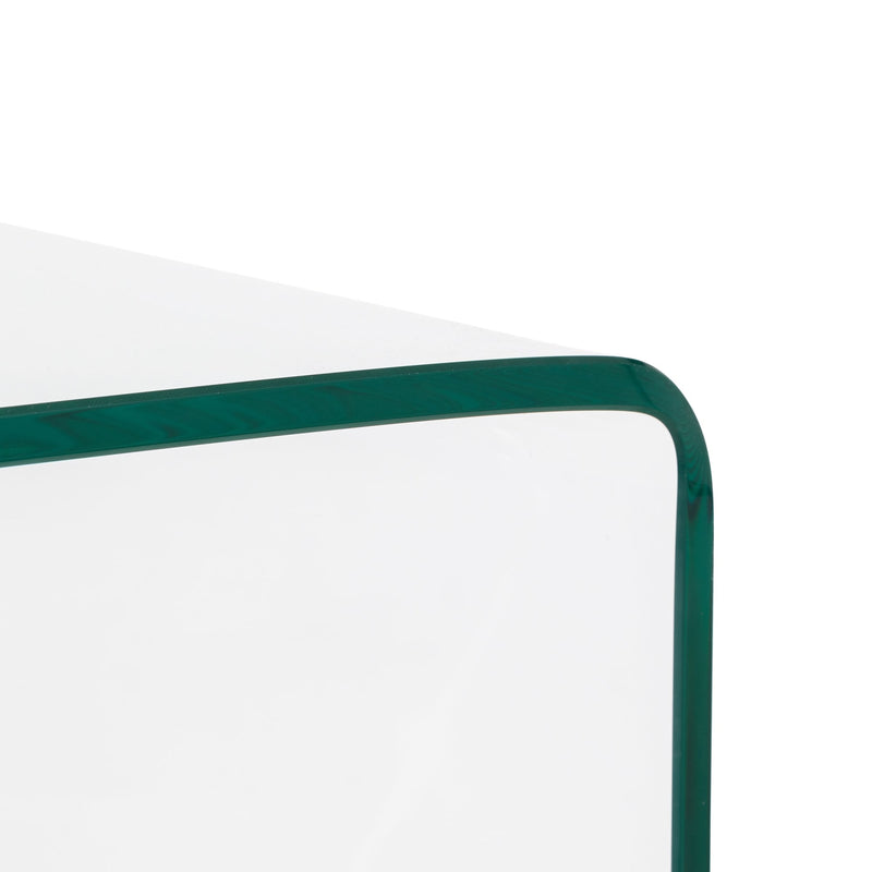 Clear glass table with a green metal frame on a white background
