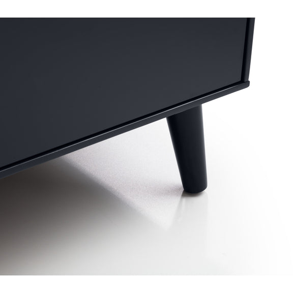 Black TV stand with a minimalist design on a white background