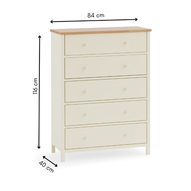 White dresser with dimensions labeled on a white background