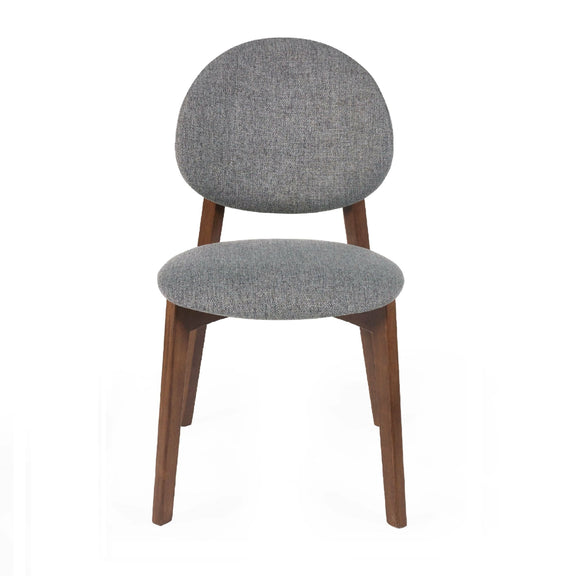 Gray upholstered chair with wooden legs on a white background