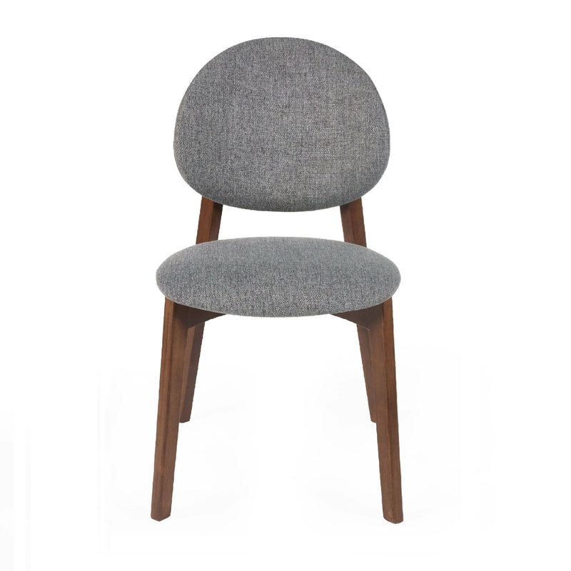 Gray upholstered chair with wooden legs on a white background