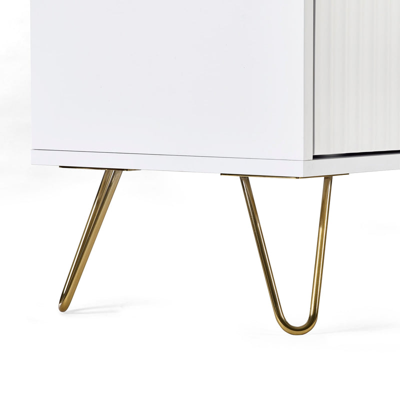 Close-up of a white cabinet with gold hairpin legs on a white background