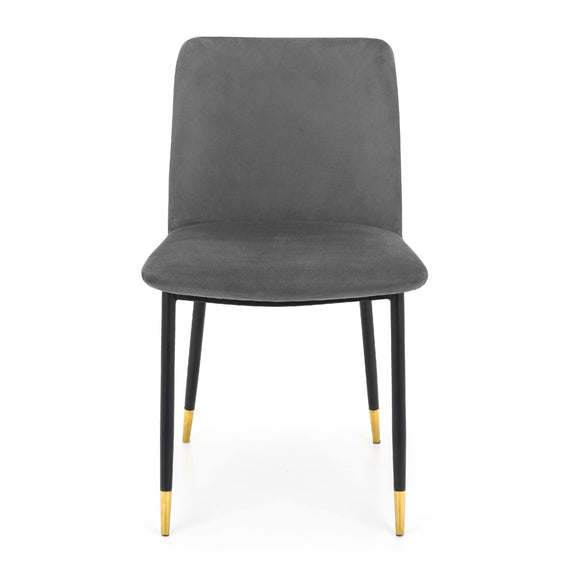 Gray upholstered chair with gold foot accents on a white background