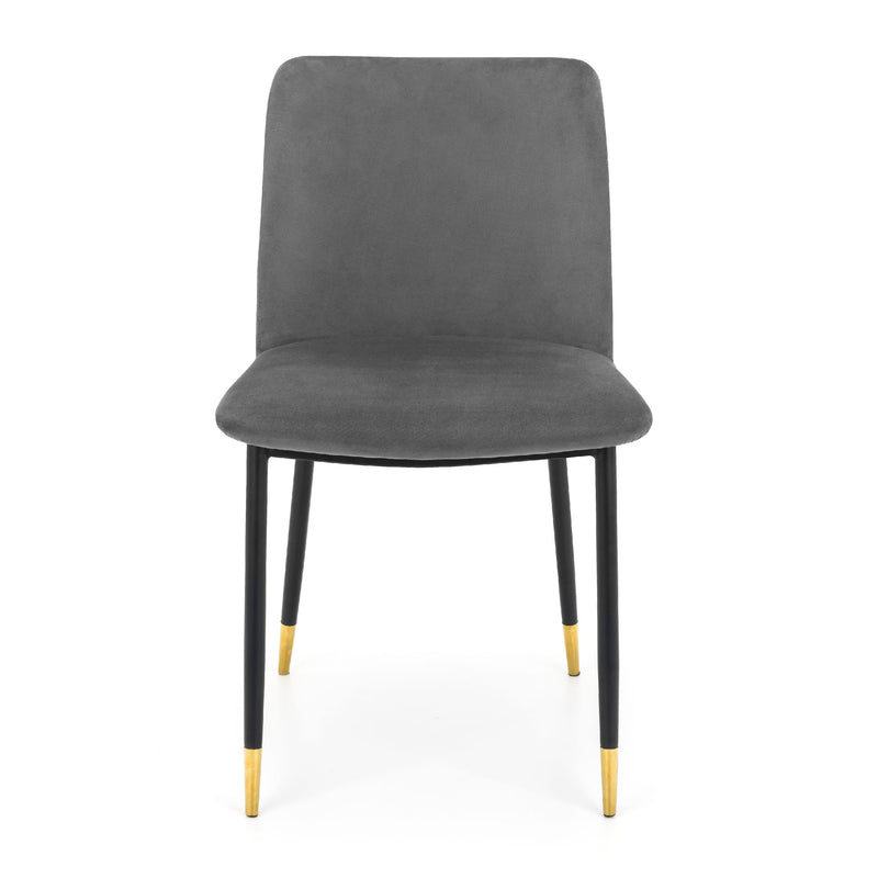 Gray upholstered chair with gold foot accents on a white background