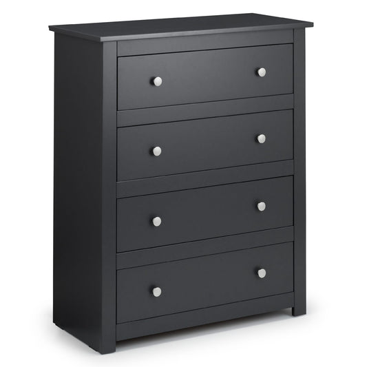 Black dresser with five drawers on a white background
