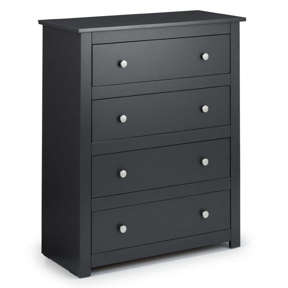 Black dresser with five drawers on a white background