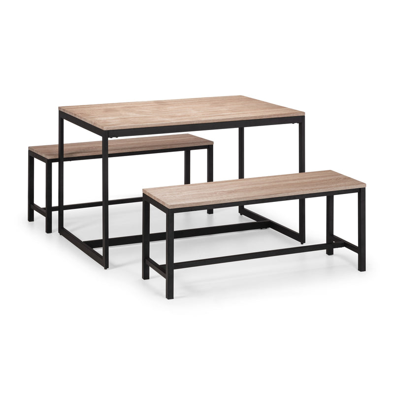 Set of dining table and benches with wooden top and black metal frame on a white background