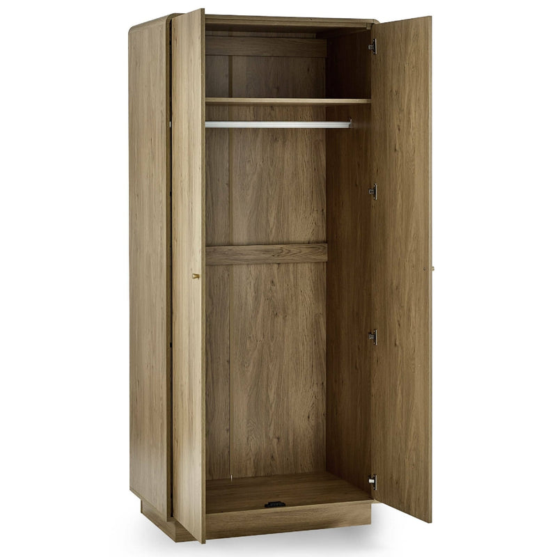 Wooden wardrobe with open doors on a white background