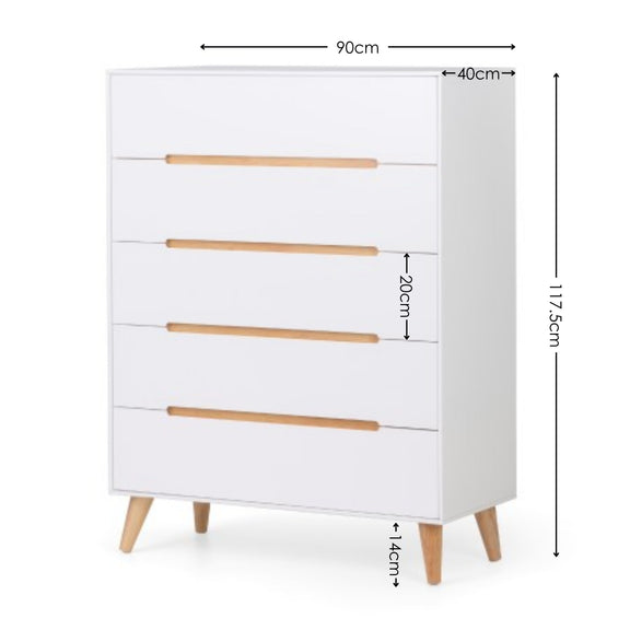 White dresser with wooden drawers and dimensions labeled on a white background