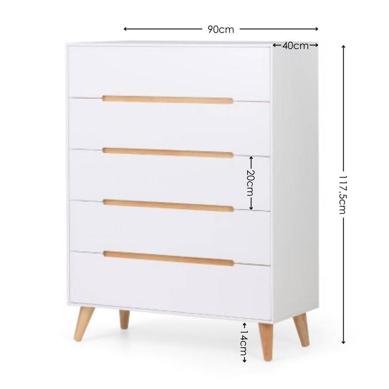 White dresser with wooden drawers and dimensions labeled on a white background
