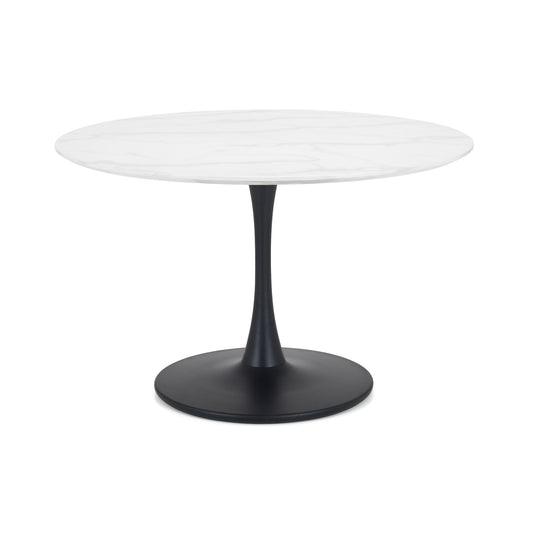 Round table with white top and black base on a white background