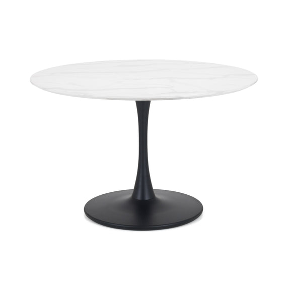 Round table with white top and black base on a white background