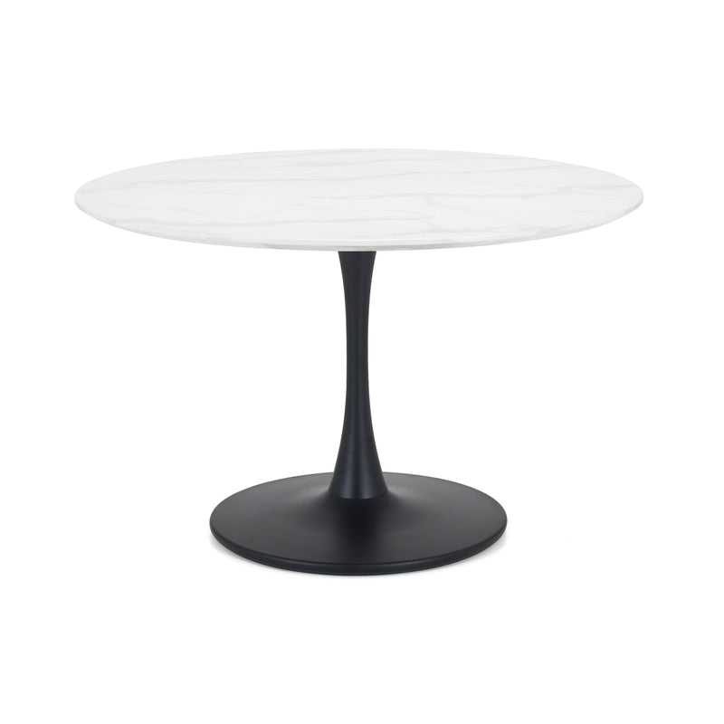 Round table with white top and black base on a white background