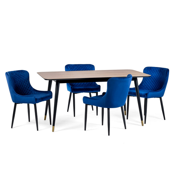 Dining table set with six blue chairs on a white background