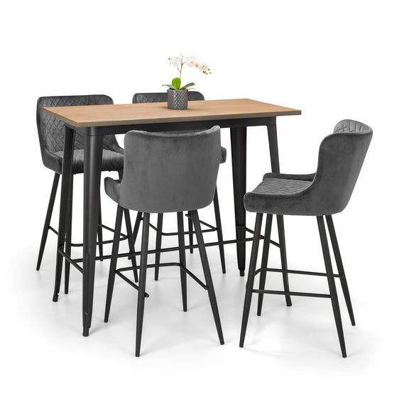 Dining set with a wooden table and gray chairs on a white background