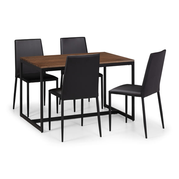 Dining table set with four black chairs on a white background