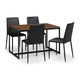 Dining table set with four black chairs on a white background