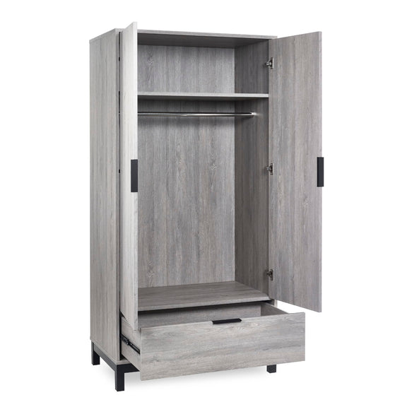 Gray wooden wardrobe with open doors on a white background