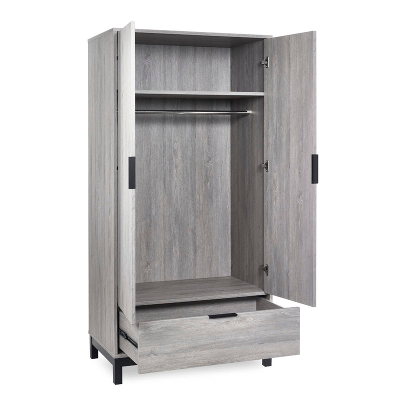 Gray wooden wardrobe with open doors on a white background