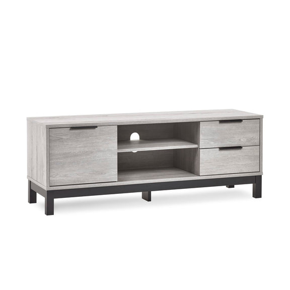 Wooden TV stand with gray finish on a white background