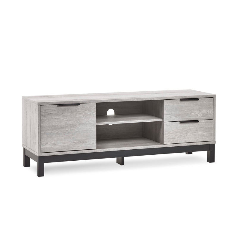 Wooden TV stand with gray finish on a white background
