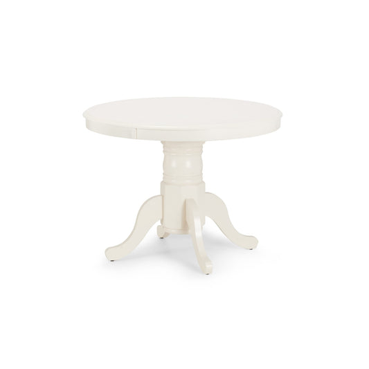 Round white table with a pedestal base on a white background