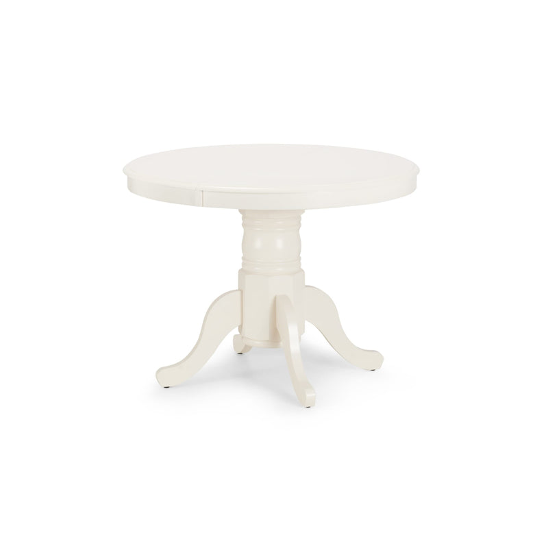 Round white table with a pedestal base on a white background