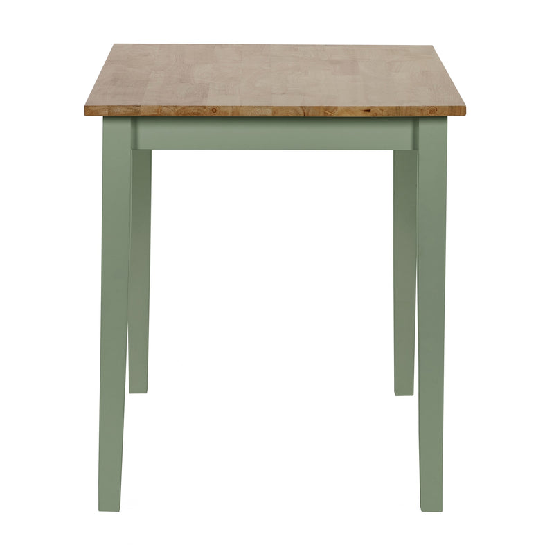 Square table with wooden top and green base on a white background