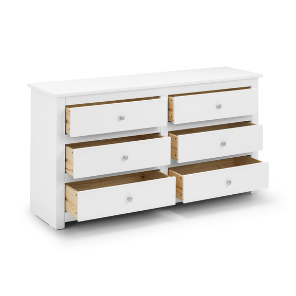 White dresser with wooden accents on a white background