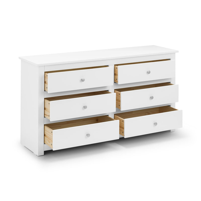 White dresser with wooden accents on a white background