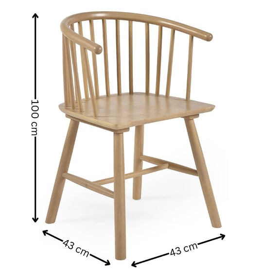 Wooden chair with dimensions labeled on a white background