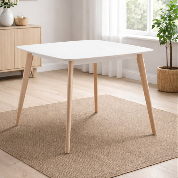 White table with wooden legs in a room with a rug and plants