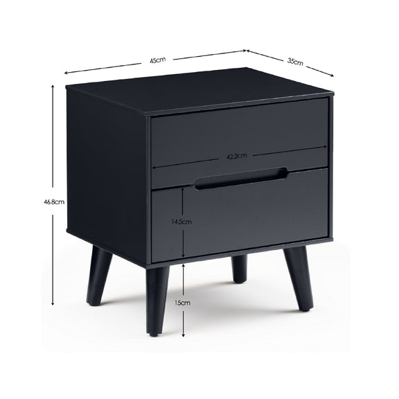 Black nightstand with dimensions labeled on a white background