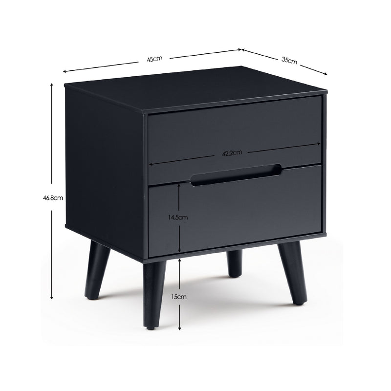 Black nightstand with dimensions labeled on a white background