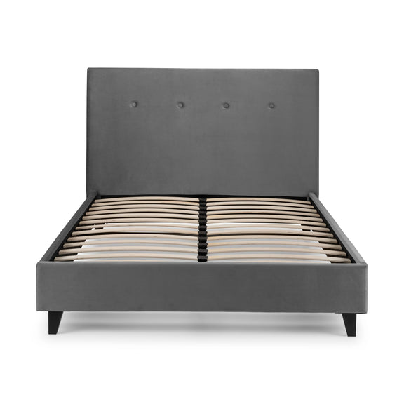 Gray upholstered bed frame on a white background