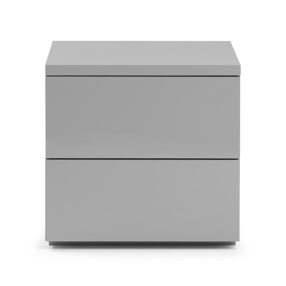 Gray two-drawer nightstand on a white background