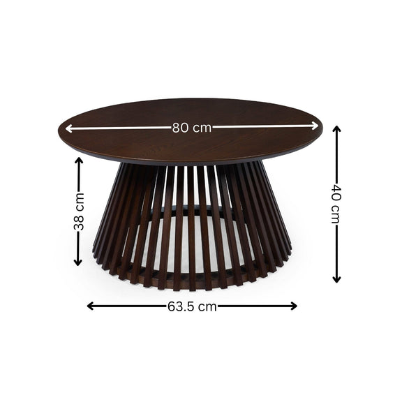 Measurement chart of a round wooden stool with dimensions labeled.