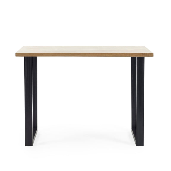 Table with a light wooden top and black metal legs on a white background