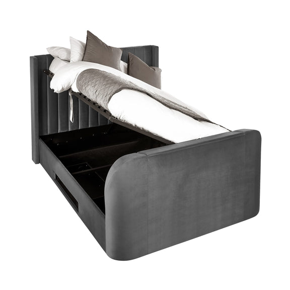 Gray pet bed with a white pillow on a white background
