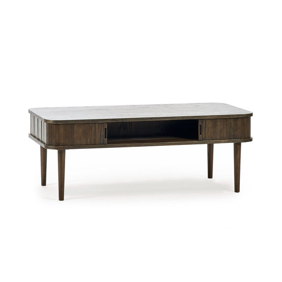 Wooden coffee table with a white marble top on a white background
